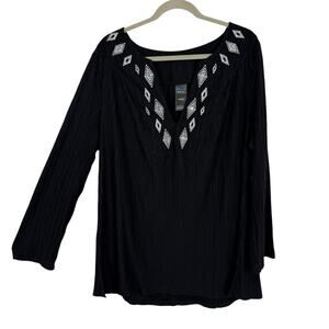 Catalina Women size 2X Swim Cover Tunic Black Aztex Embroidered Long Sleeve V Ne